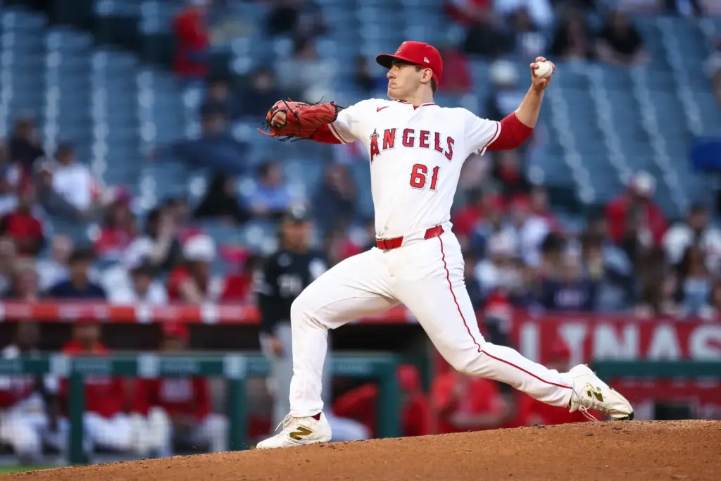 Angels starting pitcher Sam Aldegheri throws to the plate during...