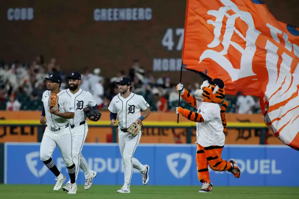 The Detroit Tigers’ Wenceel Perez, Riley Greene and Matt Vierling...