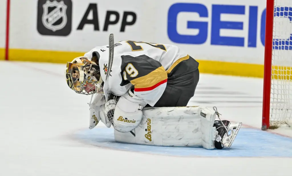 The Vegas Golden Knightsâ Carter Hart (79) against the Ducksâ...
