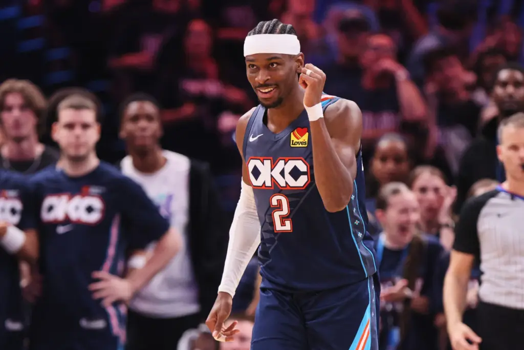 Oklahoma City Thunder’s Shai Gilgeous-Alexander celebrates late in the second...
