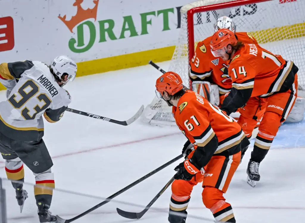 The Vegas Golden Knightsâ Mitch Marner (93) shoots and scores...