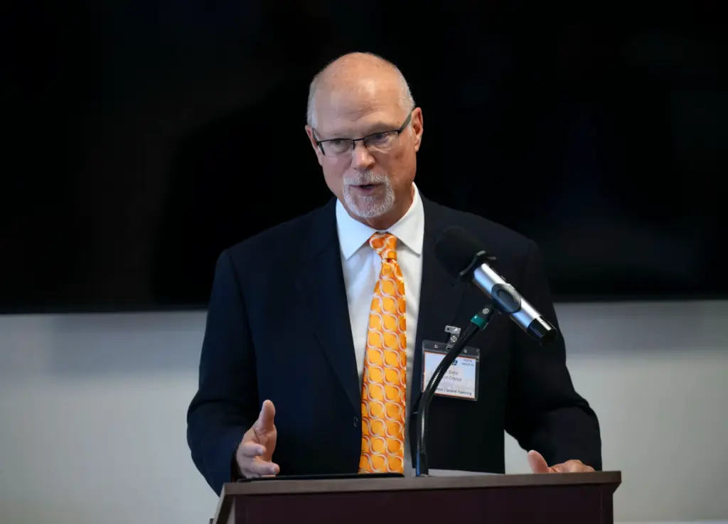 Orange Mayor Dan Slater delivers some remarks during an event...