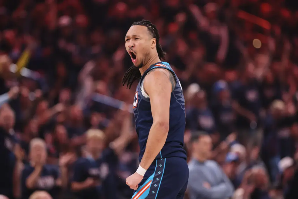 Oklahoma City Thunder’s Jaylin Williams celebrates in the first half...