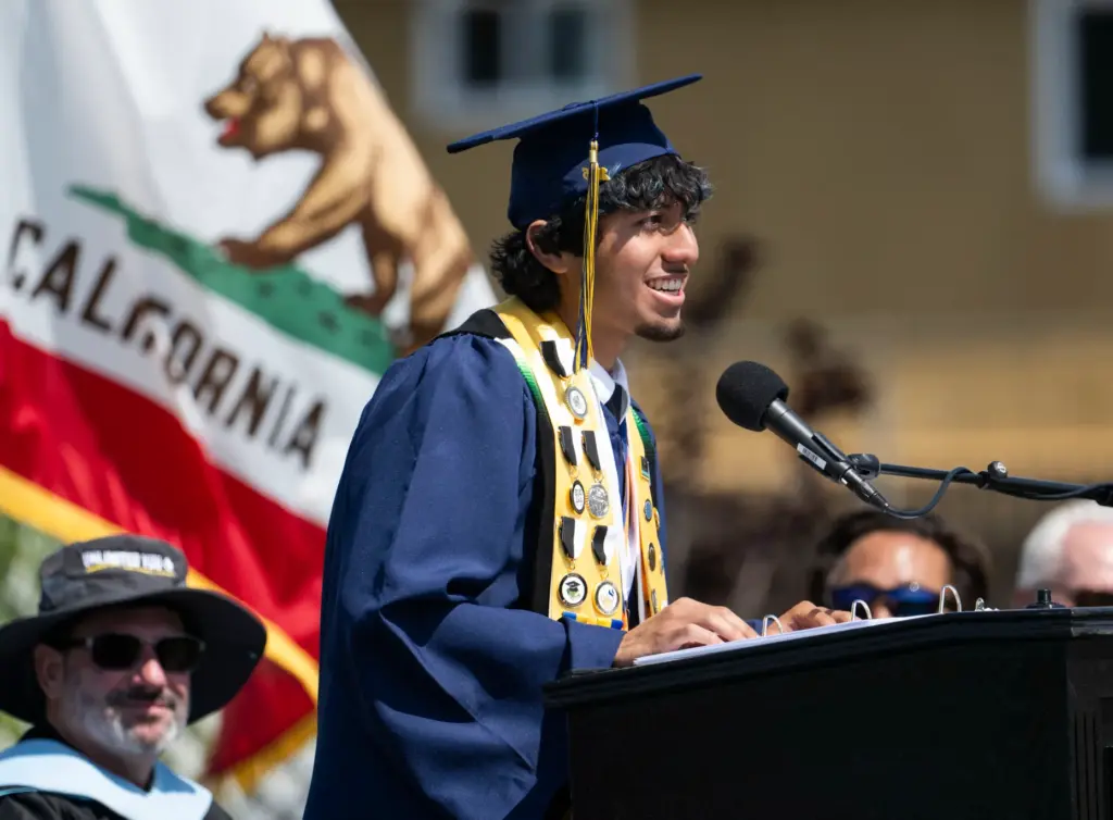 Patrick Medrano delivers one of the Senior Class speeches at...