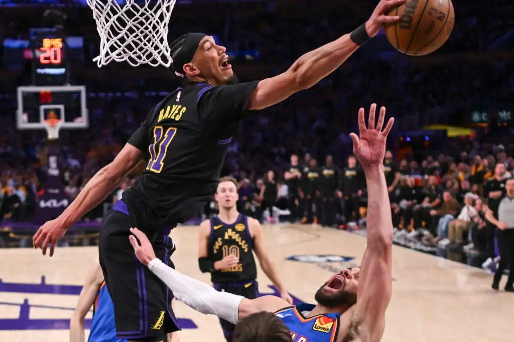 Lakers center Jaxson Hayes blocks a shot by Oklahoma City...