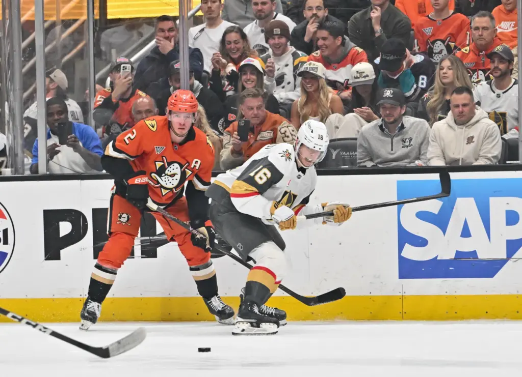 The Ducksâ Jackson LaCombe, left, and the Vegas Golden Knightsâ...