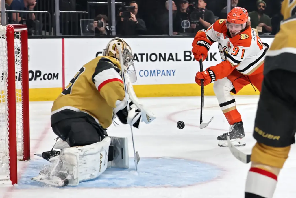 The Ducks’ Leo Carlsson scores a goal past Vegas Golden...