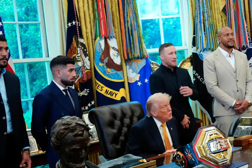 President Donald Trump meets with UFC fighters, from left, Alex...
