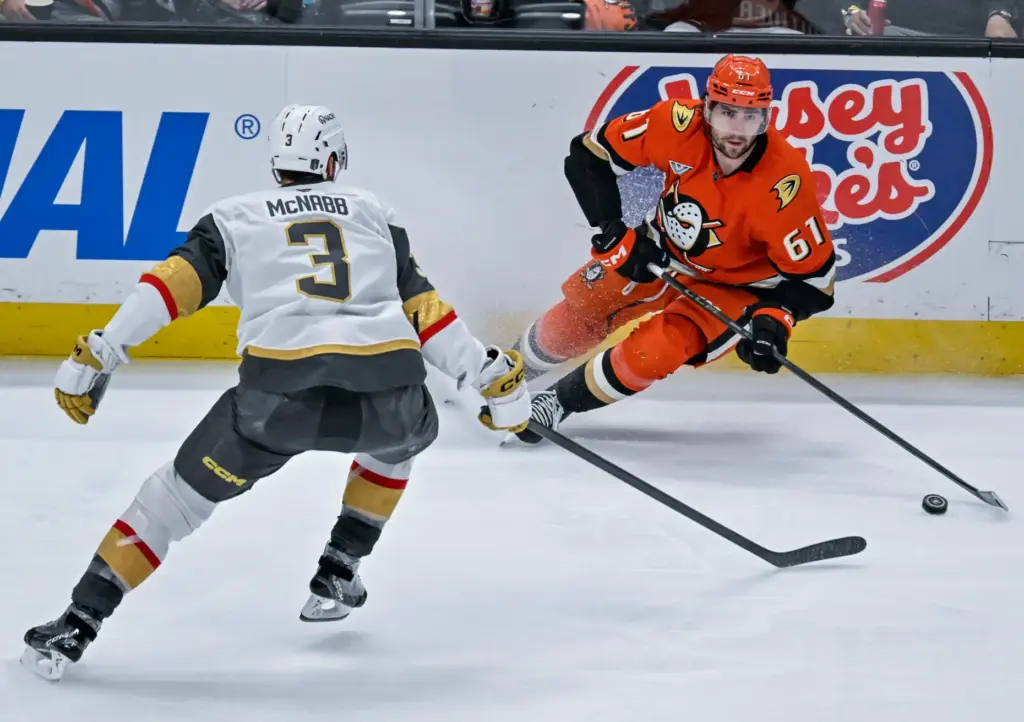 The Ducksâ Cutter Gauthier (61) controls the puck during the...