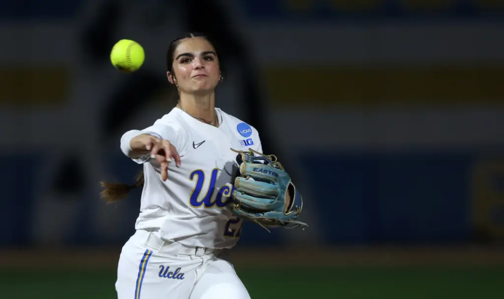 UCLAâs Aleena Garcia throws to first base after fielding a...