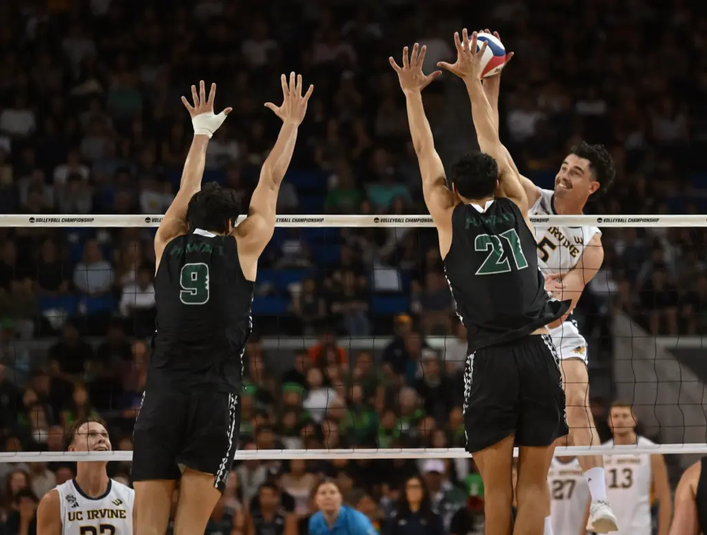 UC Irvineâs William D’Arcy, right, spikes the ball as Hawaiiâs...