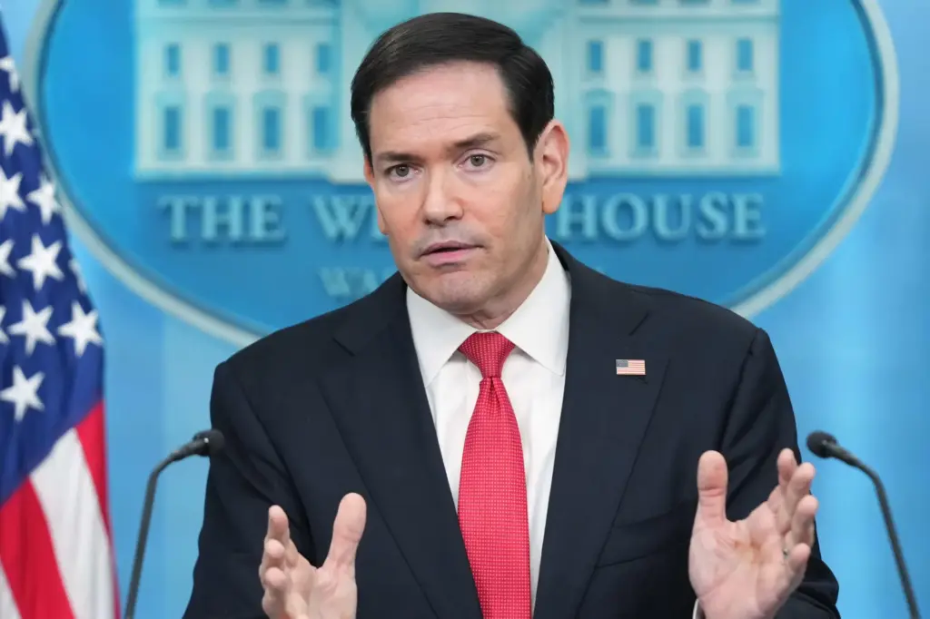 Secretary of State Marco Rubio speaks during a news briefing.