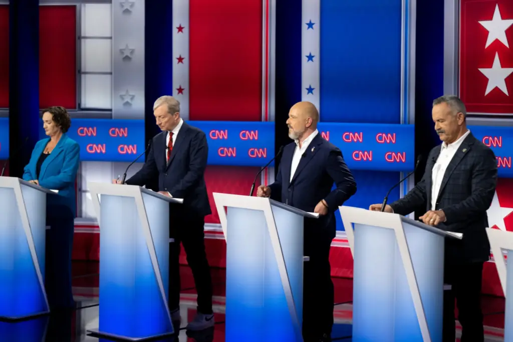 Katie Porter, left, Tom Steyer, Steve Hilton, and Chad Bianco,...