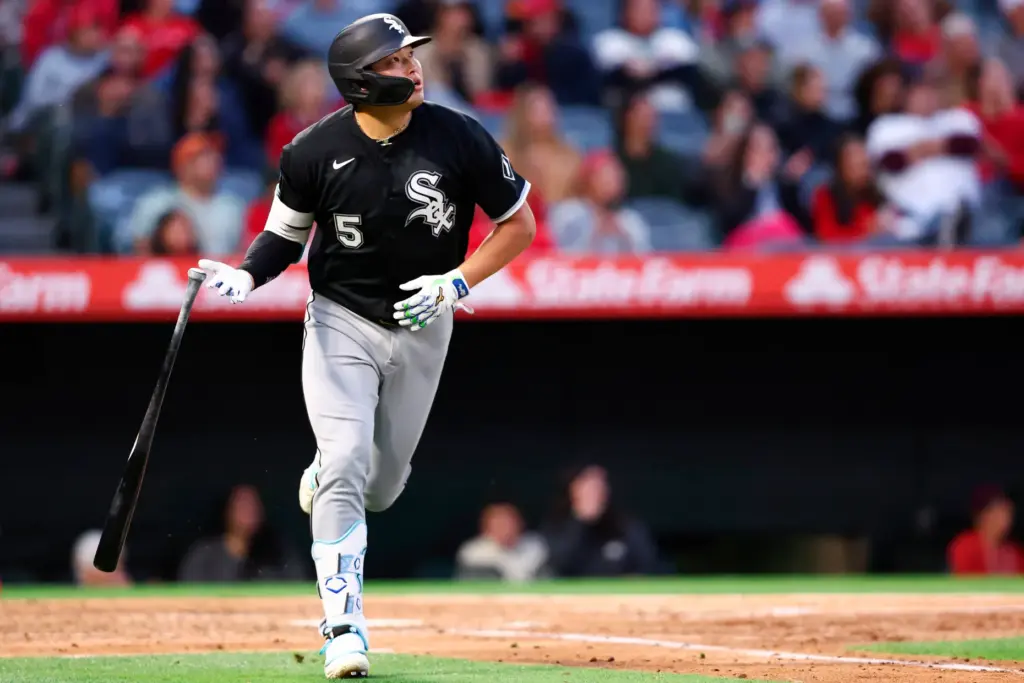 The Chicago White Sox’s Munetaka Murakami drops his bat as...