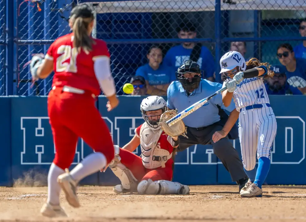 La Habra outfielder Angelina Renteria hits a pitch thrown by...