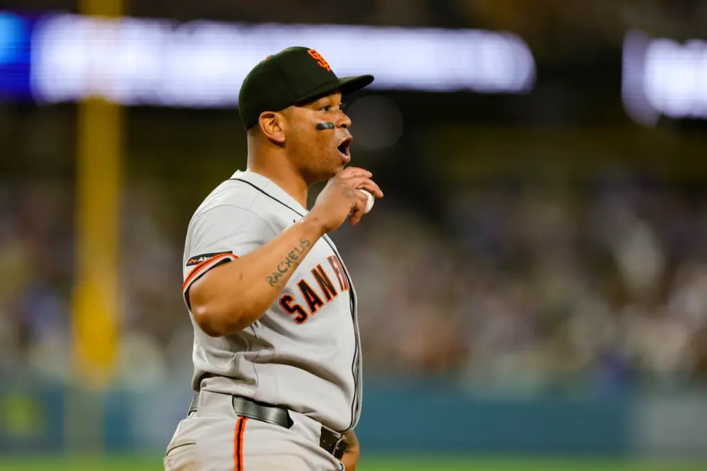 San Francisco Giants first baseman Rafael Devers reacts during the...