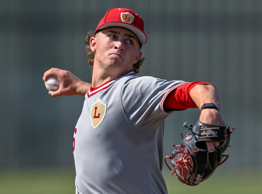 Orange Lutheran starting pitcher Sam Principe, who pitched the whole...