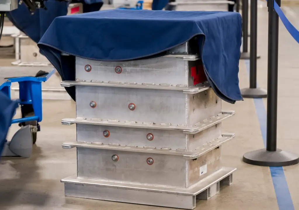 Hydraulic presses folded parachutes into these boxes as part of...