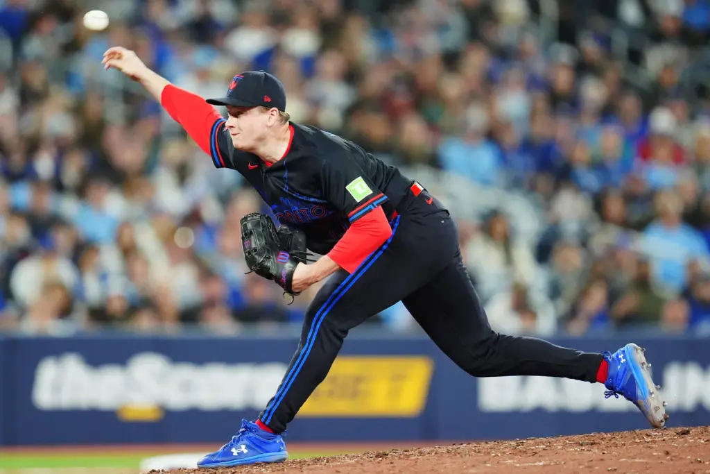 Toronto Blue Jays relief pitcher Louis Varland throws to the...