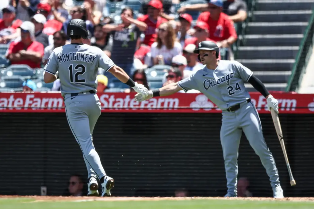 The Chicago White Sox’s Colson Montgomery, left, celebrates with teammate...