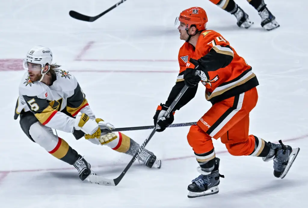 The Ducksâ John Carlson (74) takes a shot on goal...