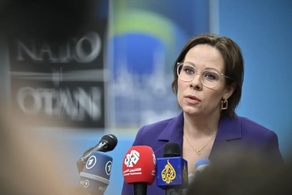 Swedish Foreign Minister Maria Malmer Stenergard speaks to media.