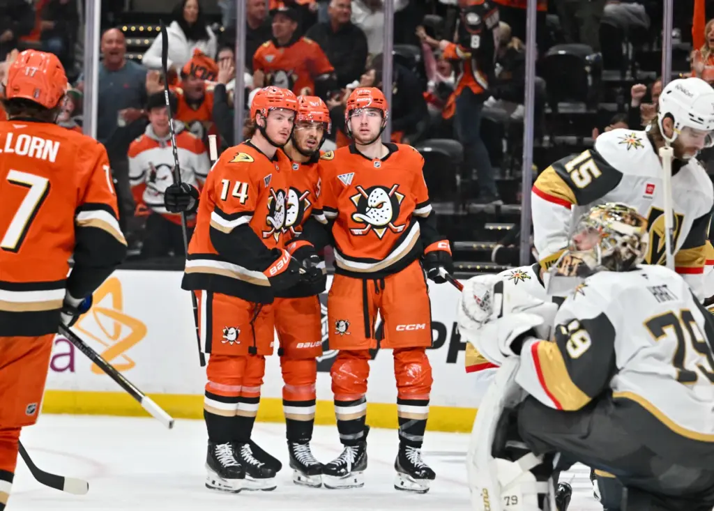 The Ducks mildly celebrate a goal against the Vegas Golden...