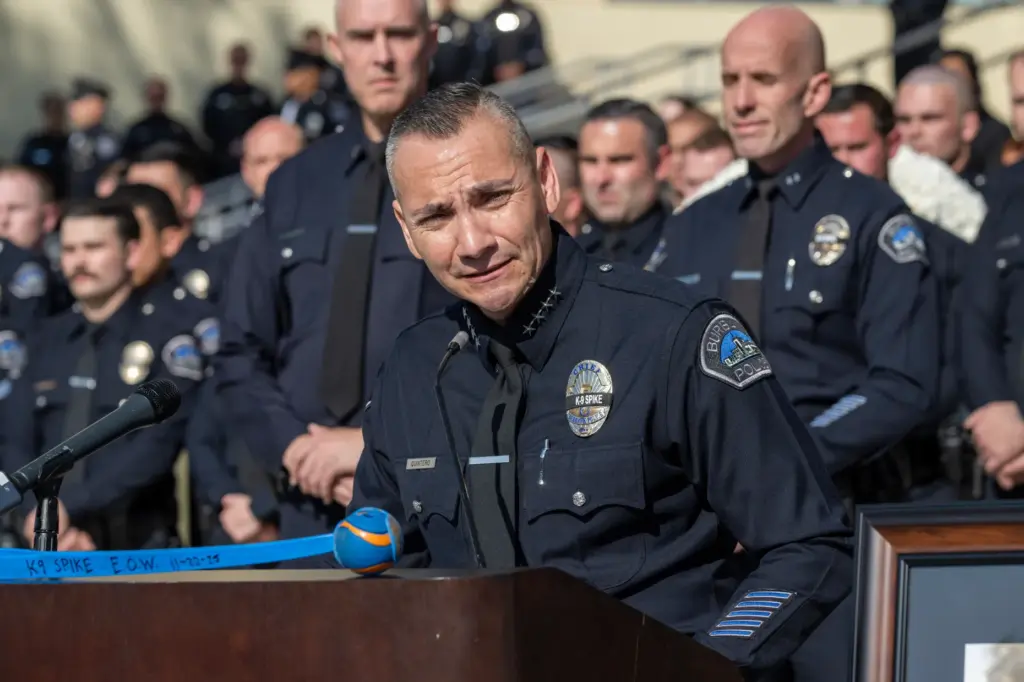 Burbank Police Chief Rafael Quintero speaks during a memorial ceremony...