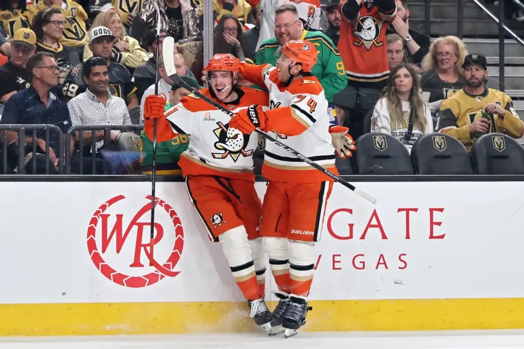 The Ducks’ Leo Carlsson, left, celebrates with John Carlson after...