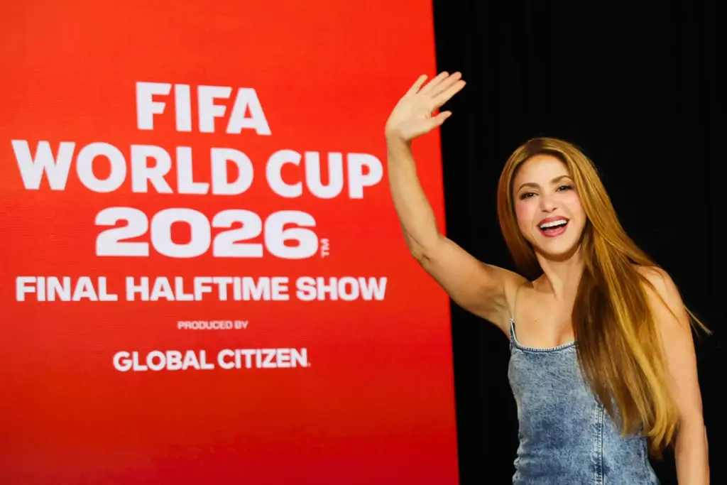 Shakira enters for a panel on the 2026 FIFA World...