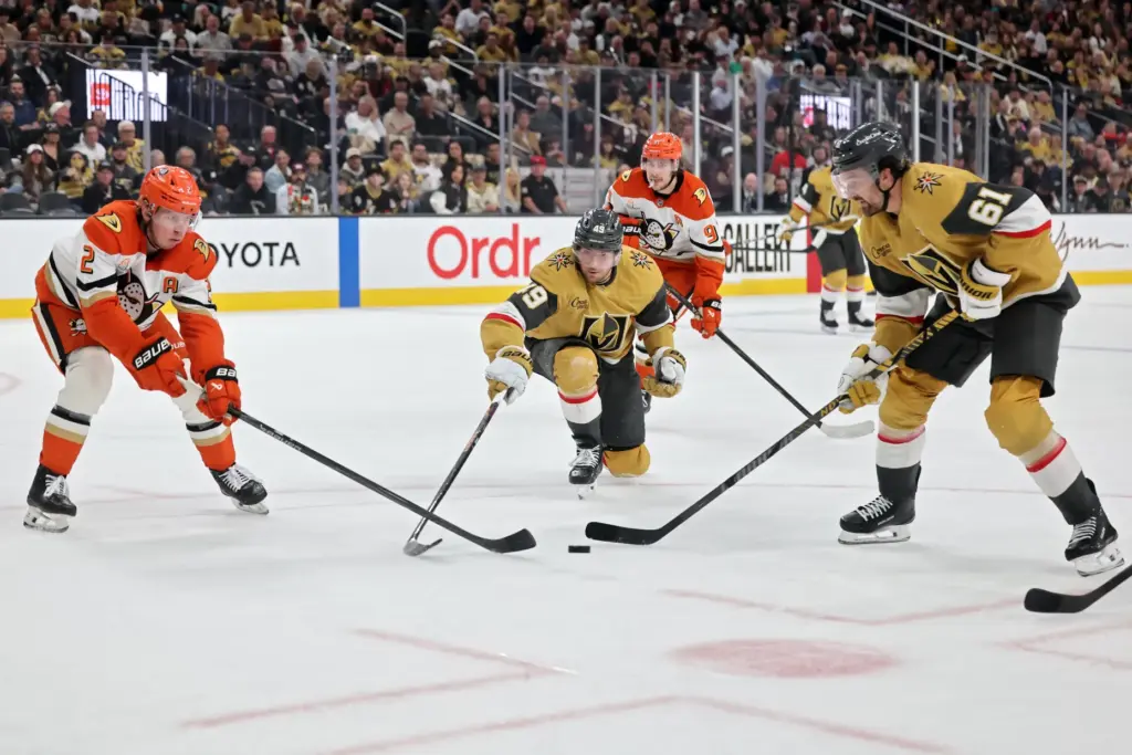 The Vegas Golden Knights’ Ivan Barbashev, center, and Mark Stone,...