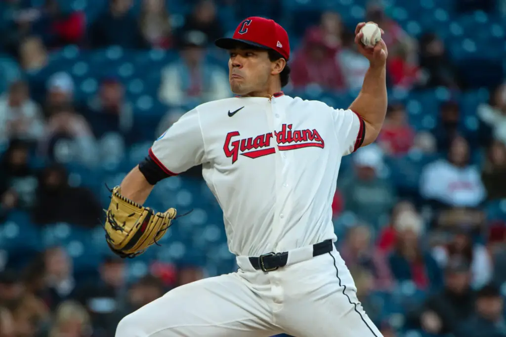 Cleveland Guardians starting pitcher Joey Cantillo throws to the plate...