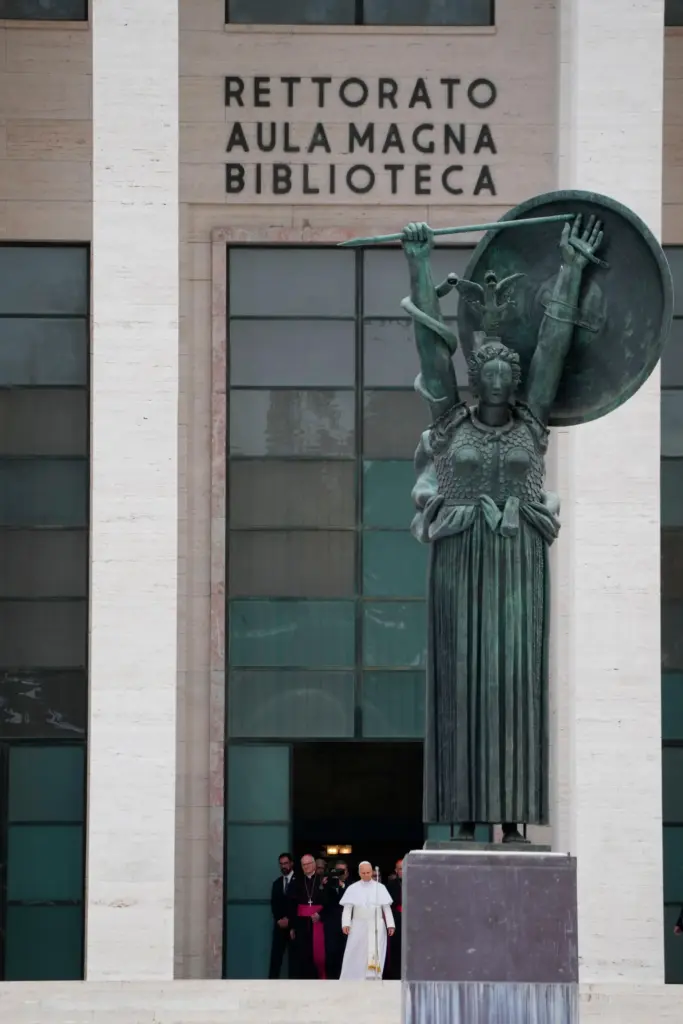 Pope Leo XIV is seen behind Arturo Martini’s 1935 bronze...
