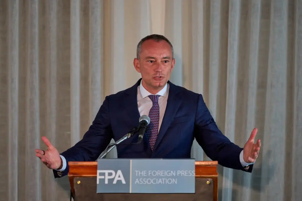 Nickolay Mladenov speaks to the media during the Board of Peace news briefing.