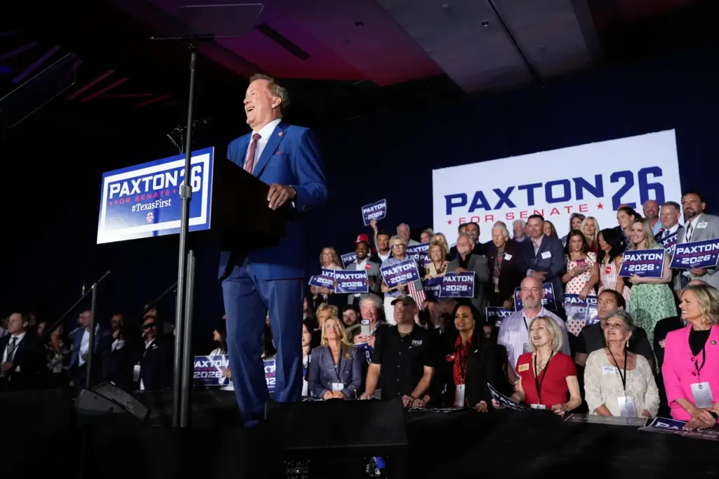 Texas Attorney General Ken Paxton speaks during a primary runoff election night event.