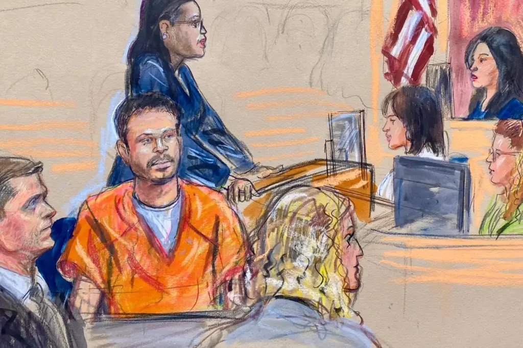 This courtroom sketch depicts Cole Tomas Allen, seated center,