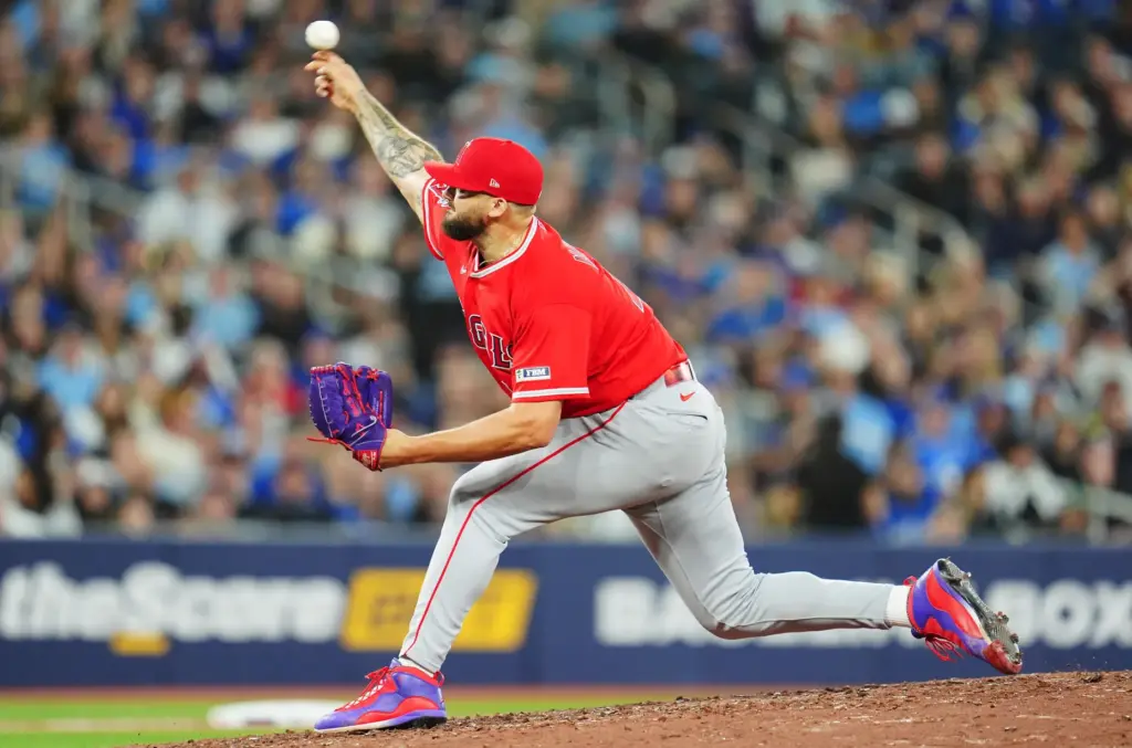 Angels pitcher Alek Manoah throws to the plate during the...