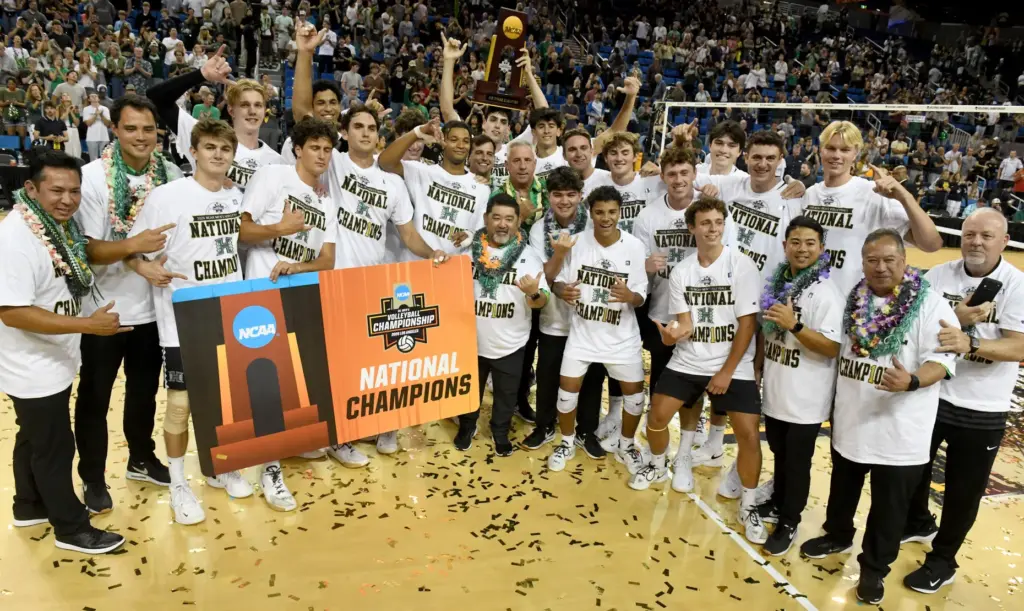 Hawaii players celebrate after defeating UC Irvine in the NCAA...