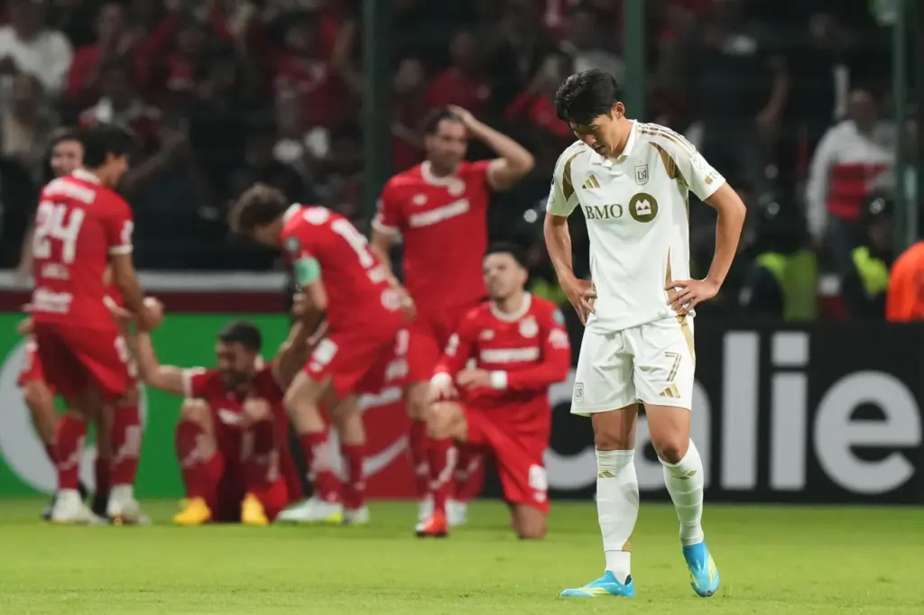 LAFC’s Son Heung-Min shows his frustration as Toluca FC players...