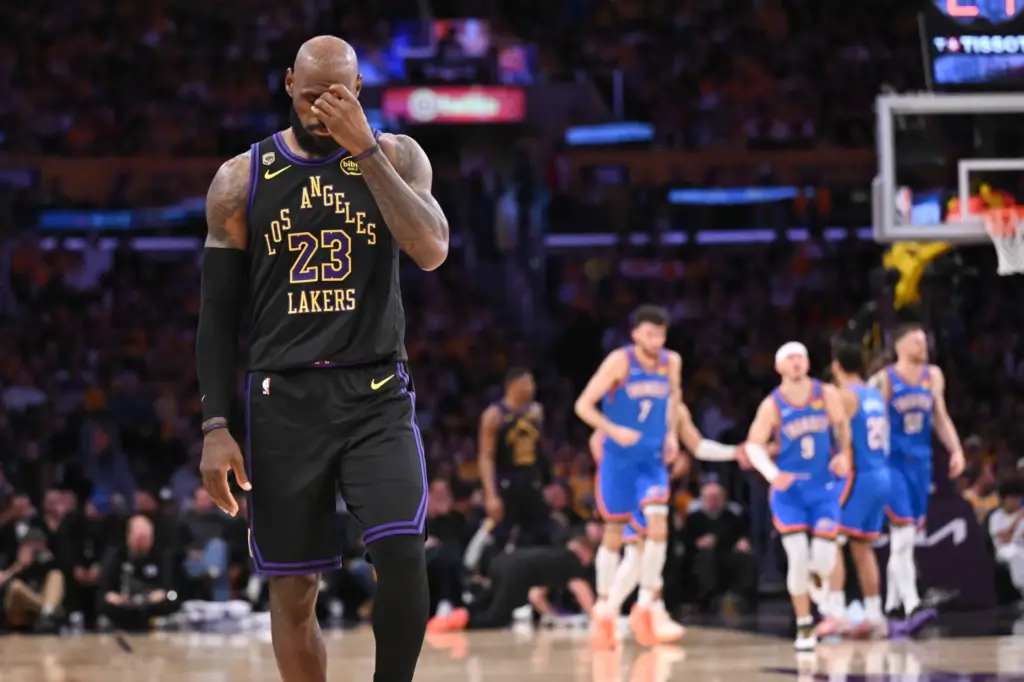 Lakers star LeBron James reacts to a turnover during the...