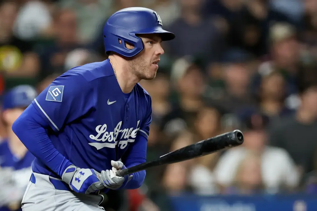 The Dodgers’ Freddie Freeman hits a two-run single during the...