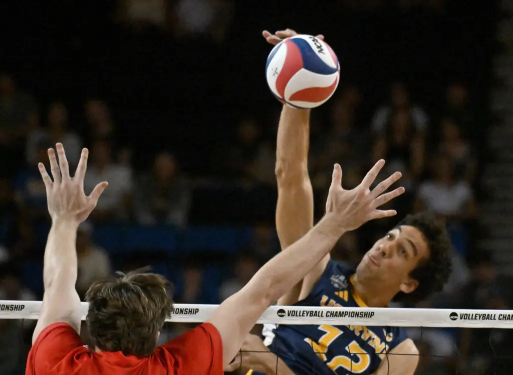 UC Irvineâs Trevor Clark spikes the ball during an NCAA...