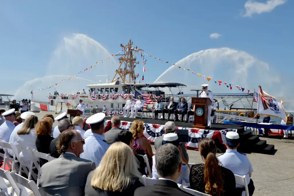 Lt. John W. Beal speaks during the commissioning ceremony for...