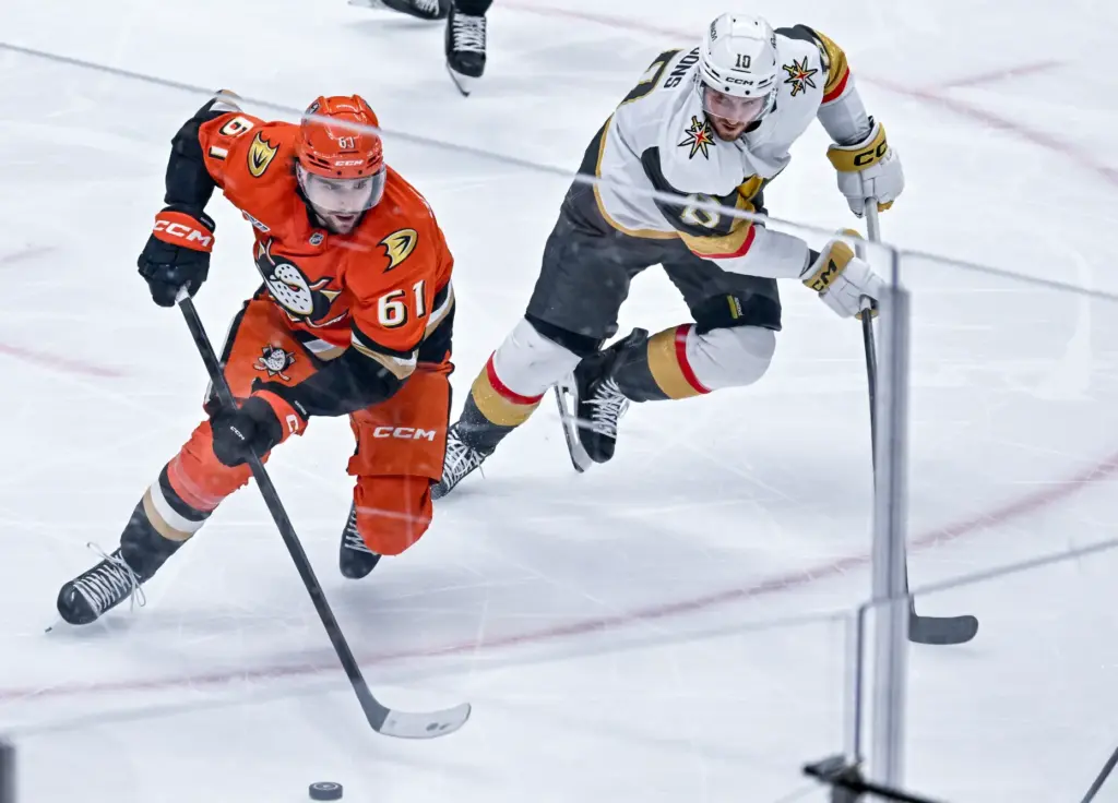 The Ducksâ Cutter Gauthier, left, fends off the Vegas Golden...