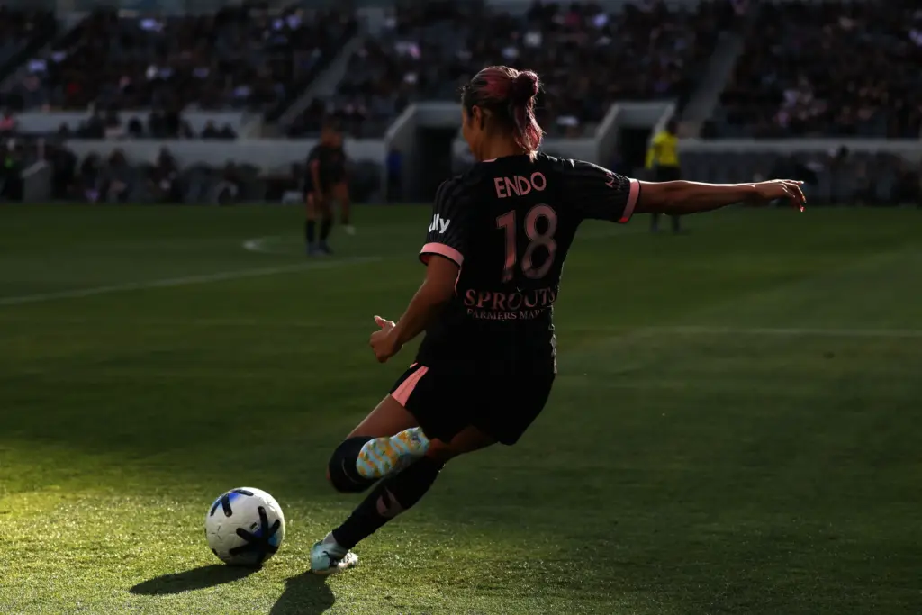 Angel City FC forward Jun Endo (18) winds up to...