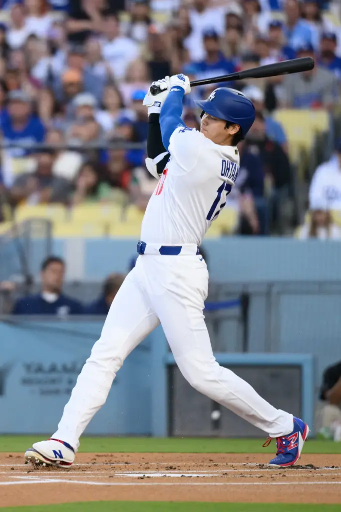 Dodgers star Shohei Ohtani bats during the first inning of...