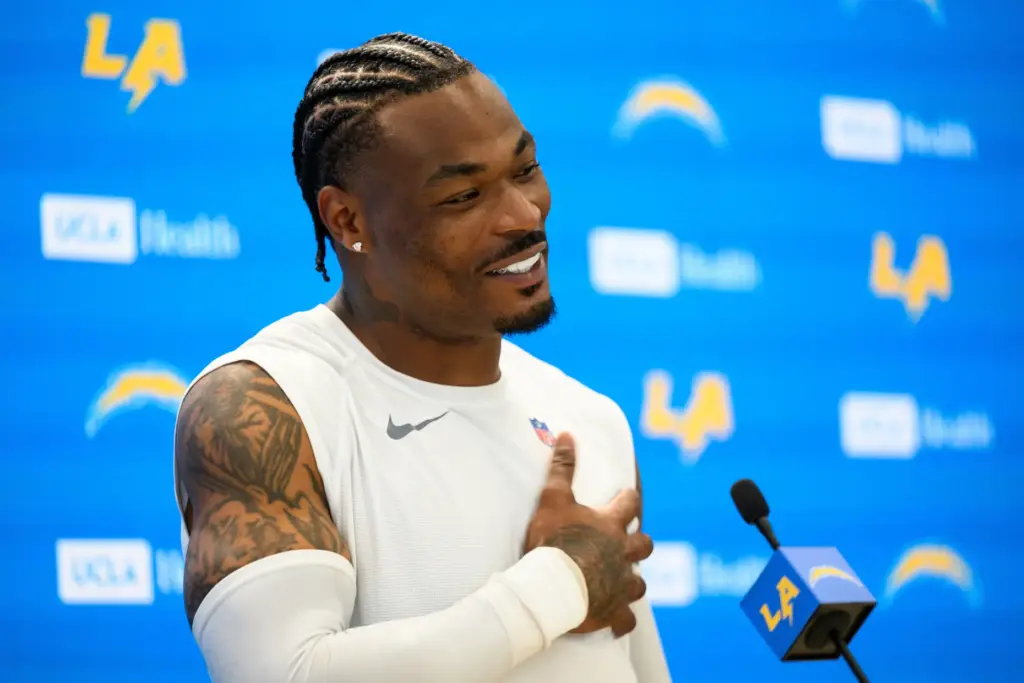 Chargers safety Derwin James Jr. gestures as he speaks to...