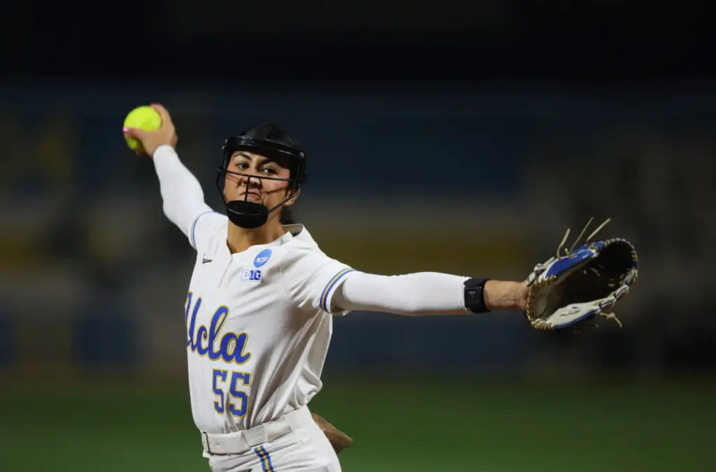 UCLA relief pitcher Brynne Nally throws to the plate during...