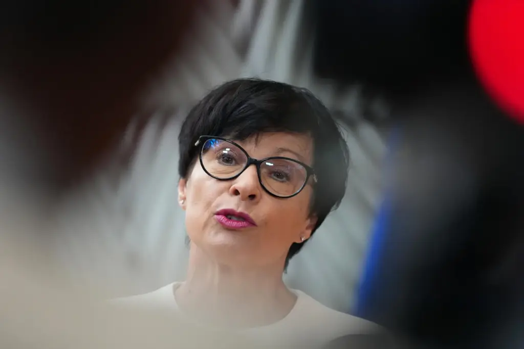 European Commissioner for Enlargement Marta Kos speaks with the media.