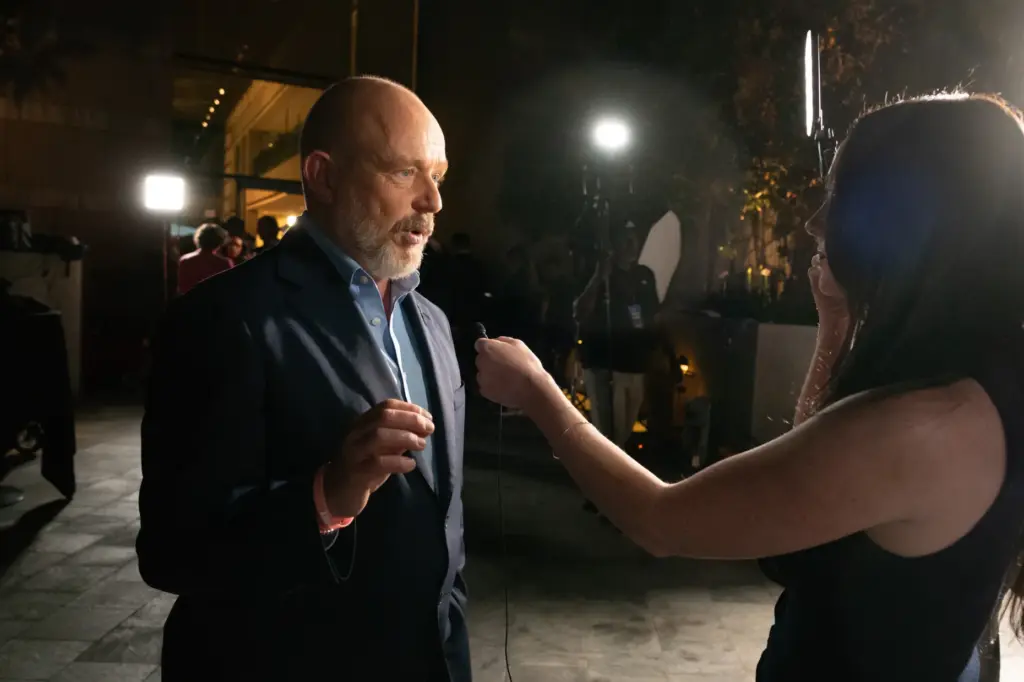 Gubernatorial candidate Steve Hilton talks with media after a debate...